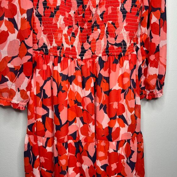 Sincerely Jules Red Floral Maxi Dress Sz M 3/4 Sleeve Smocked Back V-Neck Lined - Picture 8 of 12